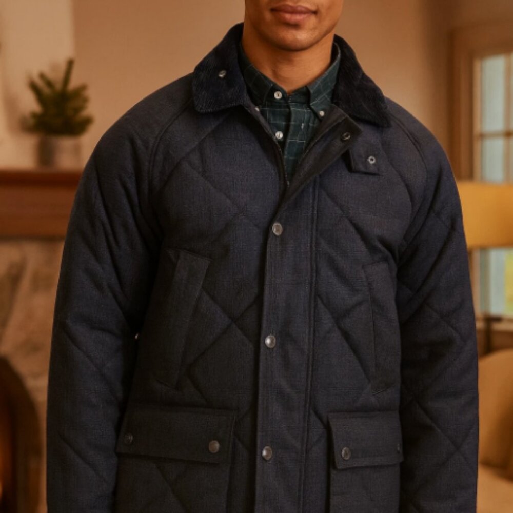 Barbour British Class Premium BEDALE Houndstooth Quilted Jacket DK Navy MSRP$435